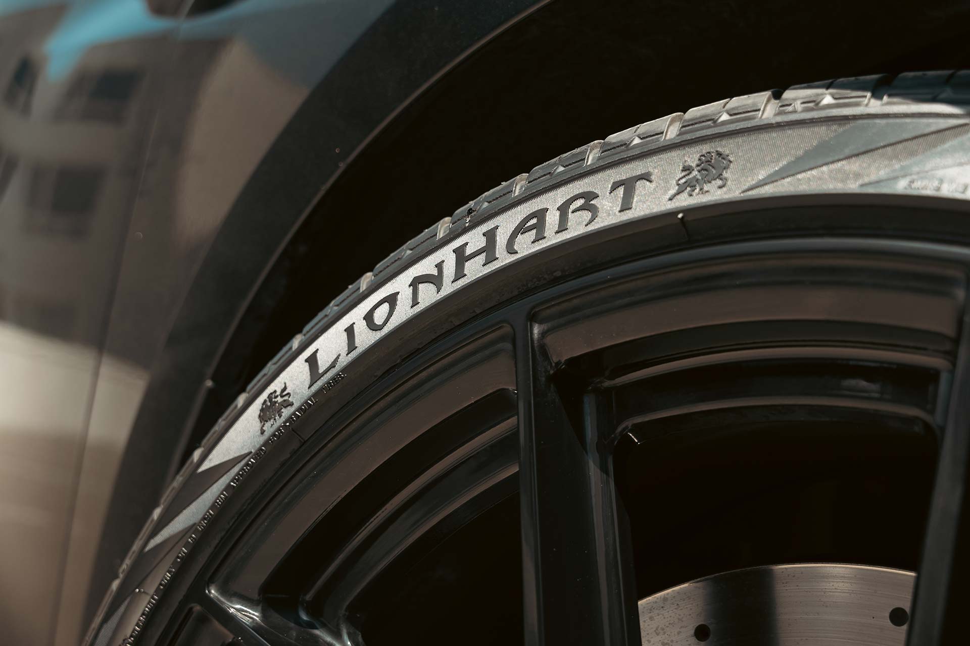 close up shot of lionhart tire sidewall showcasing branding