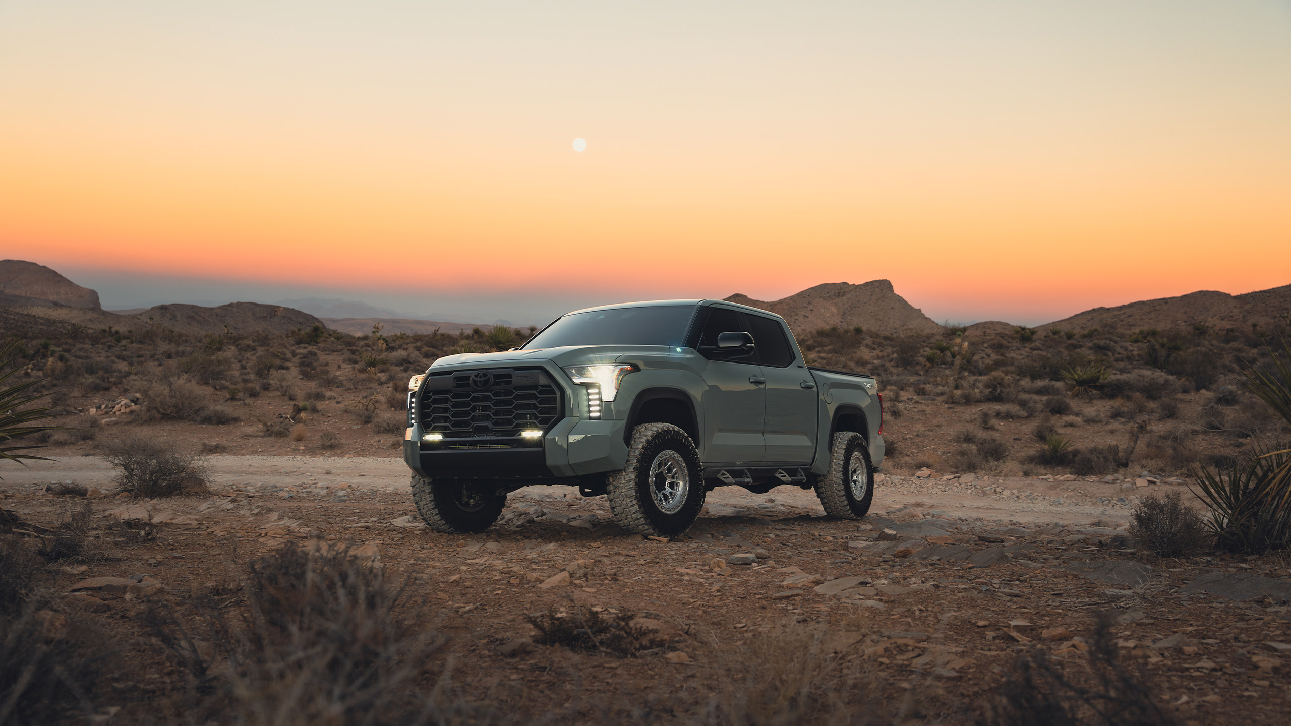 lunar toyota tundra during sunset in nevada desert